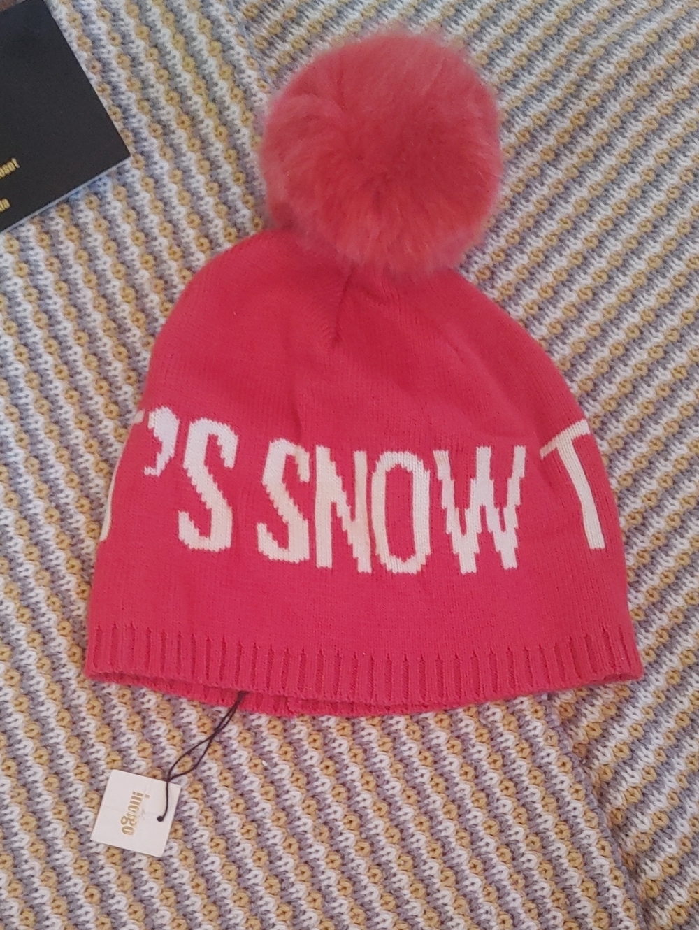 Indigo Pink Pom-Pom Beanie Hat with White Lettering